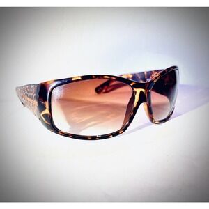 Kathy Van Zeeland Women's Rectangular Brown Tortoise Gold Embellished Sunglasses